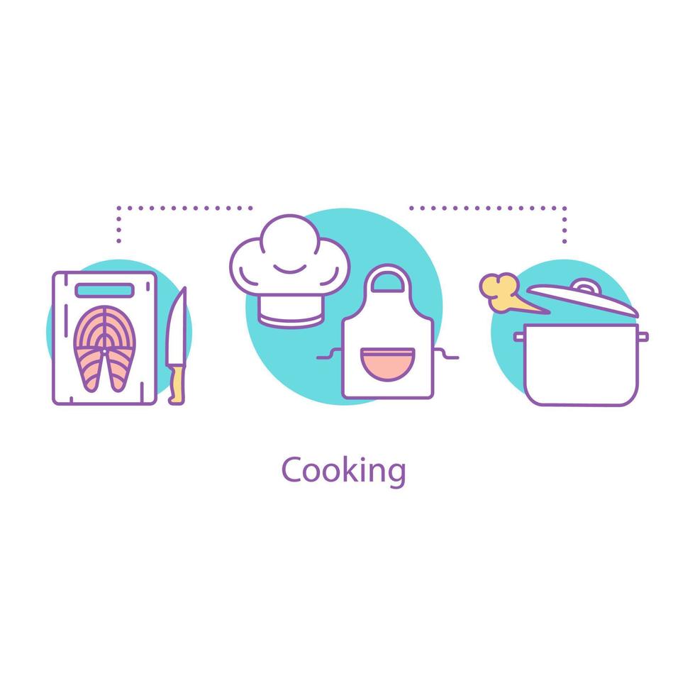 Cooking dinner concept icon. Food preparation idea thin line illustration. Meal time. Culinary. Cutting board with salmon fish, boiling stewpan, apron. Vector isolated outline drawing