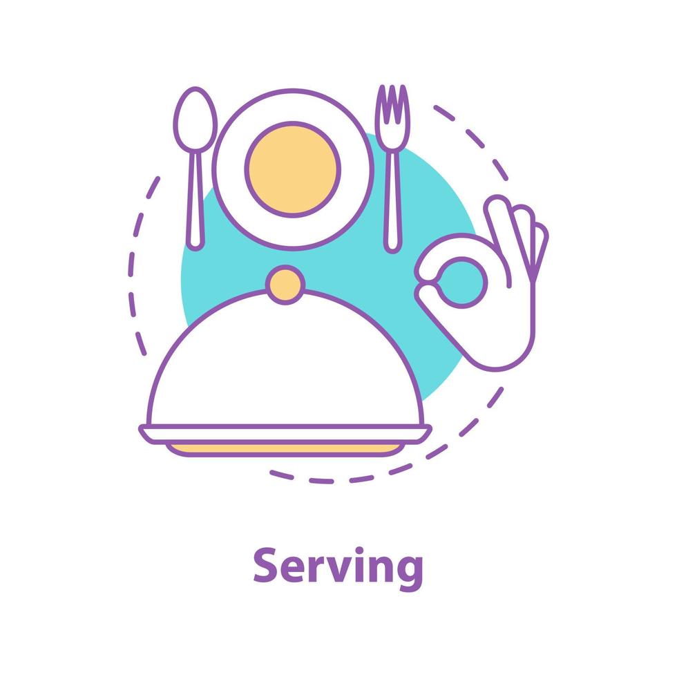 Serving concept icon. Time to eat. Restaurant. Dinner idea thin line illustration. Plate and cutlery set, tray with lid. Vector isolated outline drawing