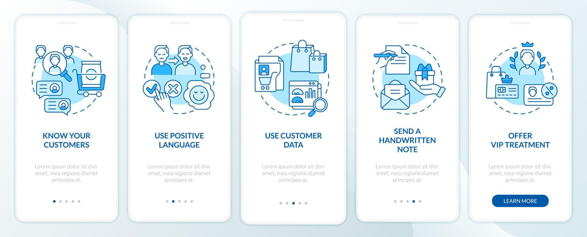 consejos de asistencia al cliente pantalla azul de la aplicación móvil de incorporación. tutorial 5 pasos páginas de instrucciones gráficas con conceptos lineales. interfaz de usuario, ux, plantilla de interfaz gráfica de usuario vector