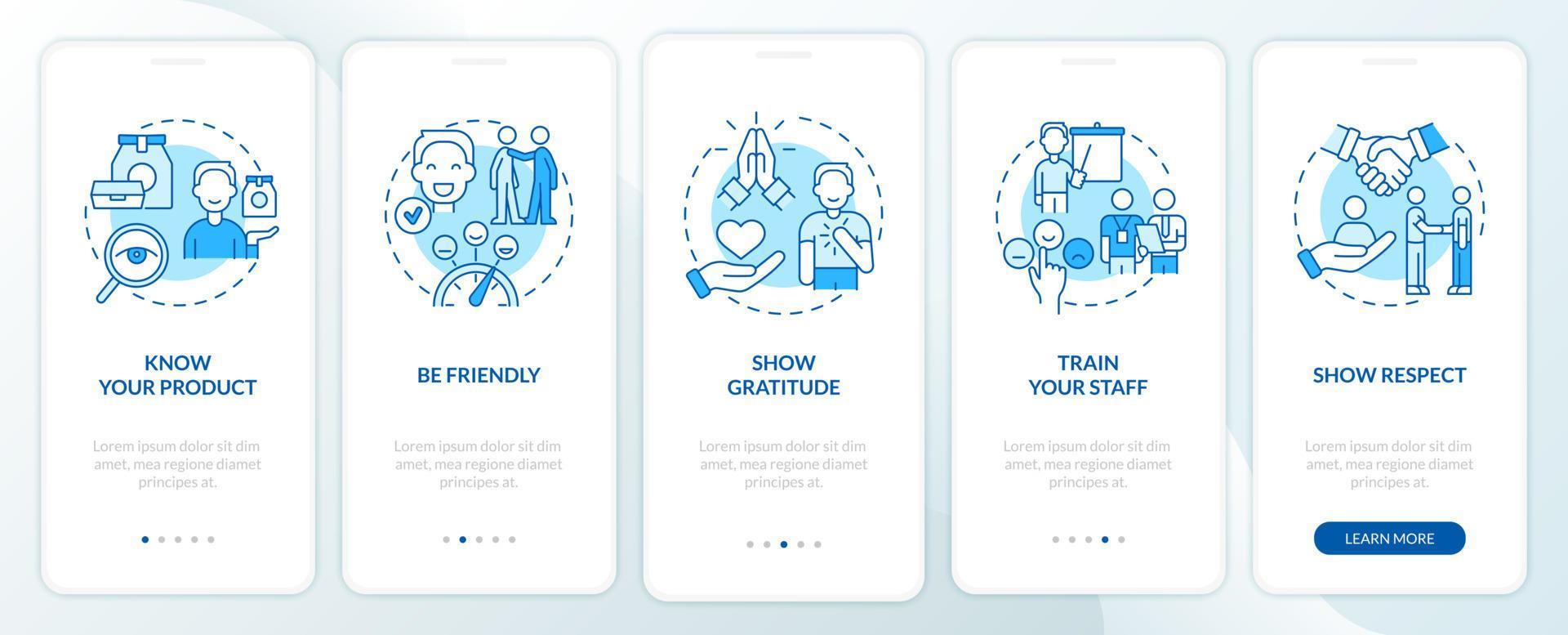 Customer service blue onboarding mobile app screen. Clients assistance walkthrough 5 steps graphic instructions pages with linear concepts. UI, UX, GUI template vector