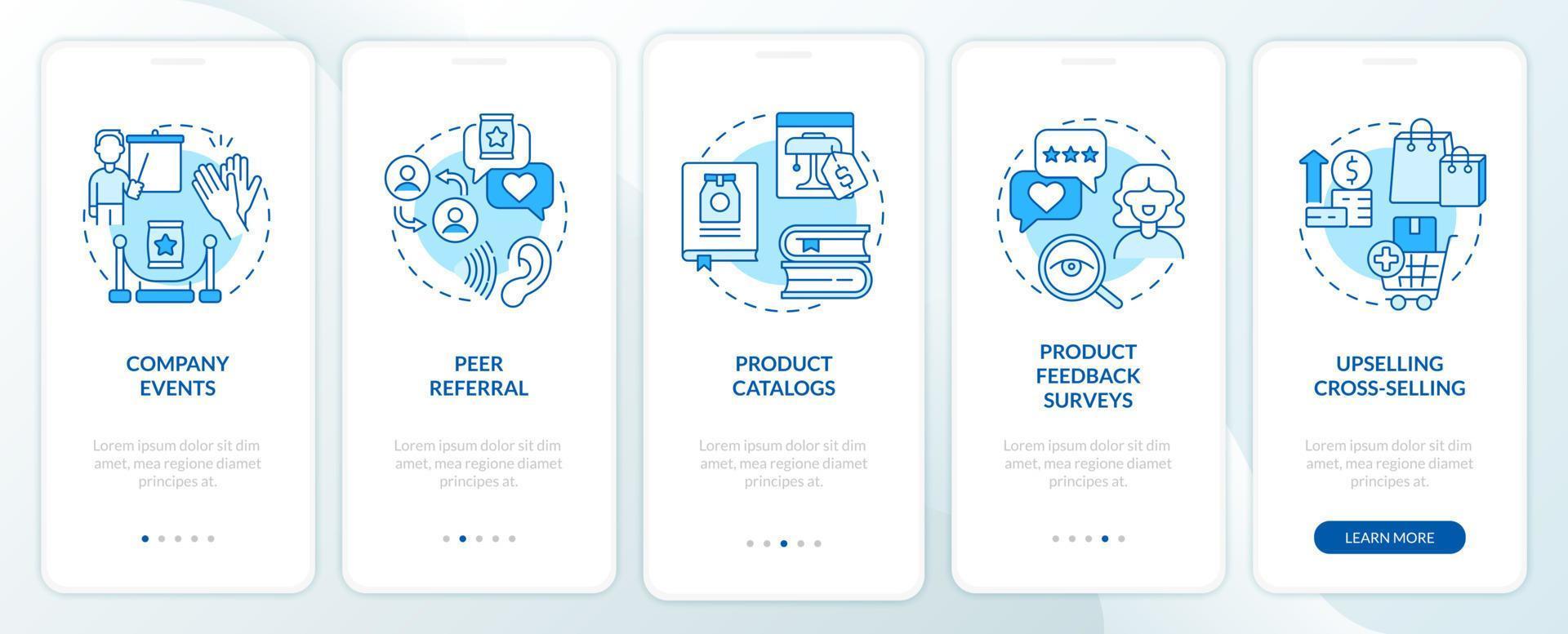 Customer touchpoints blue onboarding mobile app screen. Product promo walkthrough 5 steps graphic instructions pages with linear concepts. UI, UX, GUI template vector