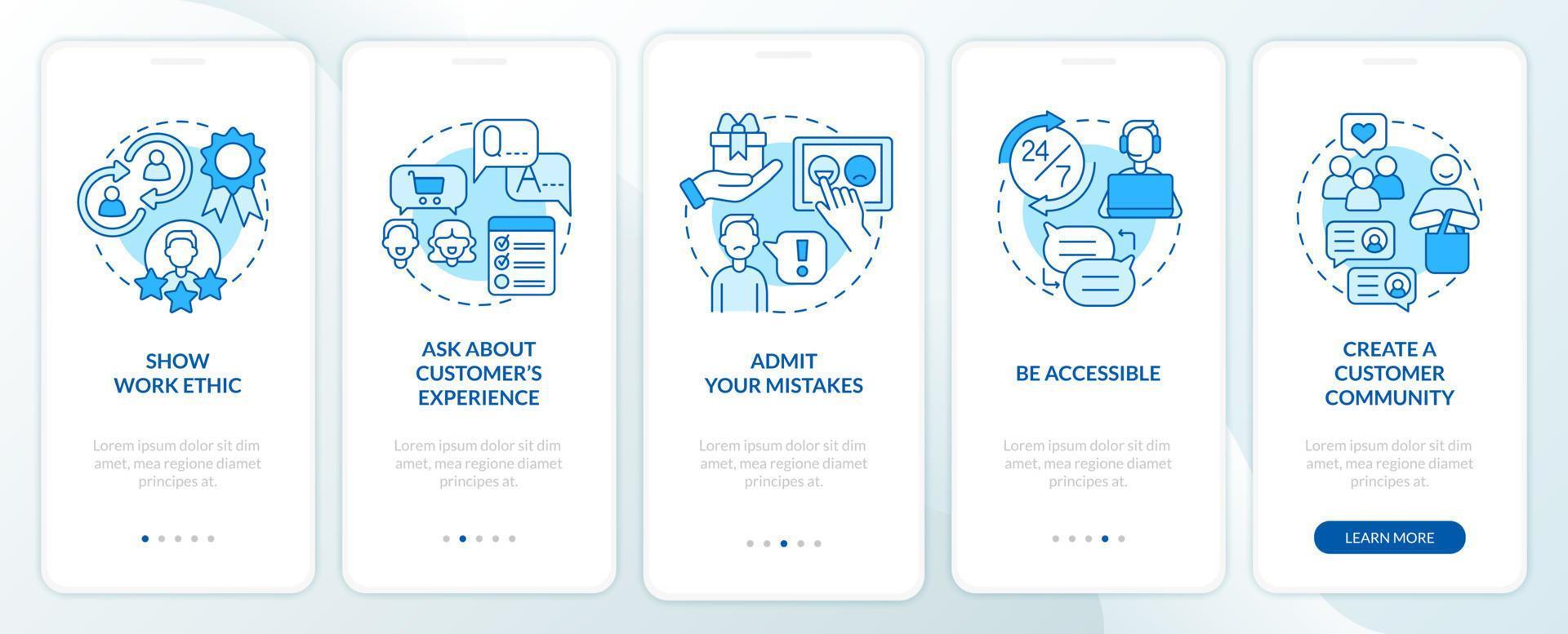 Customer service tips blue onboarding mobile app screen. Support ethic walkthrough 5 steps graphic instructions pages with linear concepts. UI, UX, GUI template vector