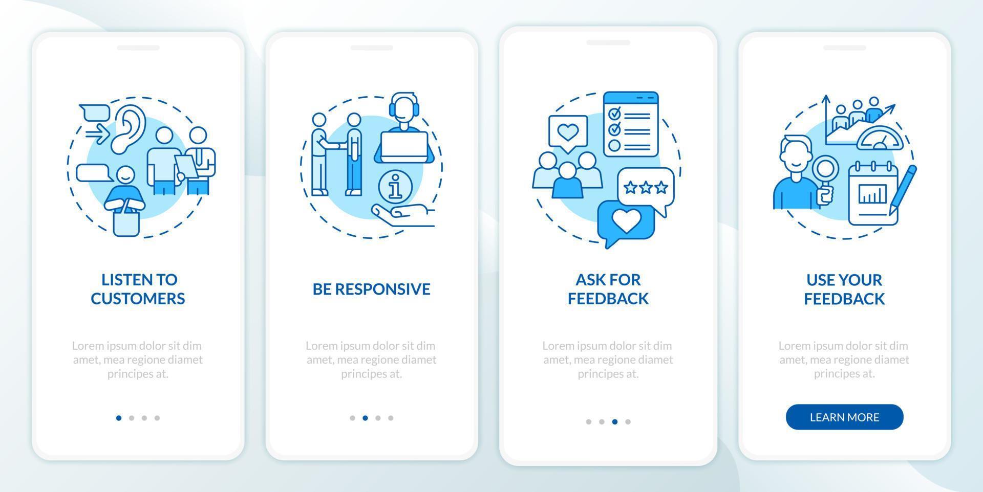 Client service blue onboarding mobile app screen. Customer support walkthrough 4 steps graphic instructions pages with linear concepts. UI, UX, GUI template vector