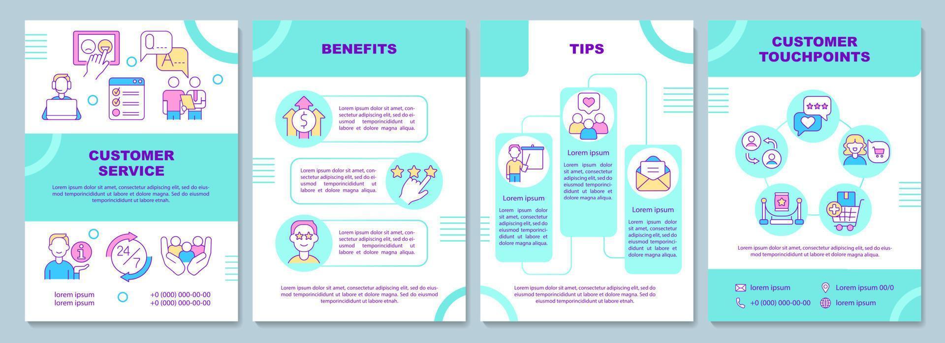 plantilla de folleto de servicio al cliente. beneficios y consejos. diseño de impresión de folletos con iconos lineales. diseños vectoriales para presentaciones, informes anuales, anuncios vector