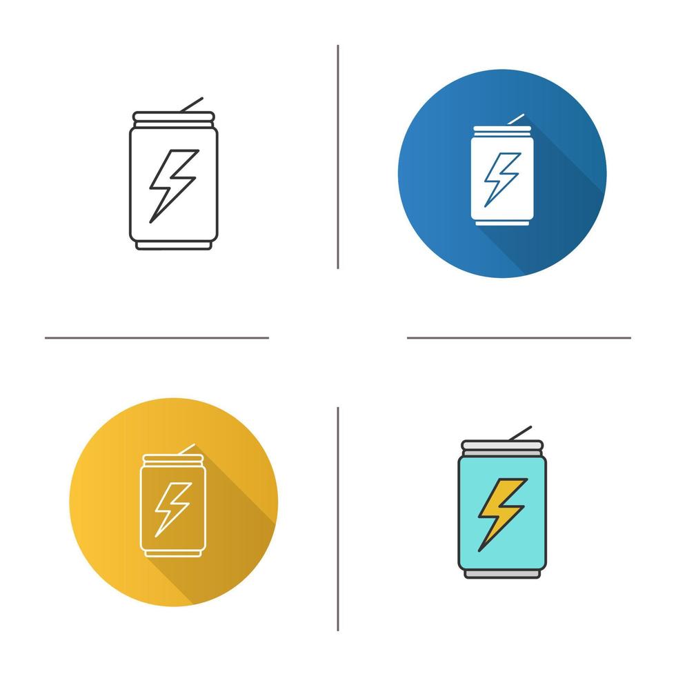 Energy drink can icon. Aluminium can with beverage. Flat design, linear and color styles. Isolated vector illustrations