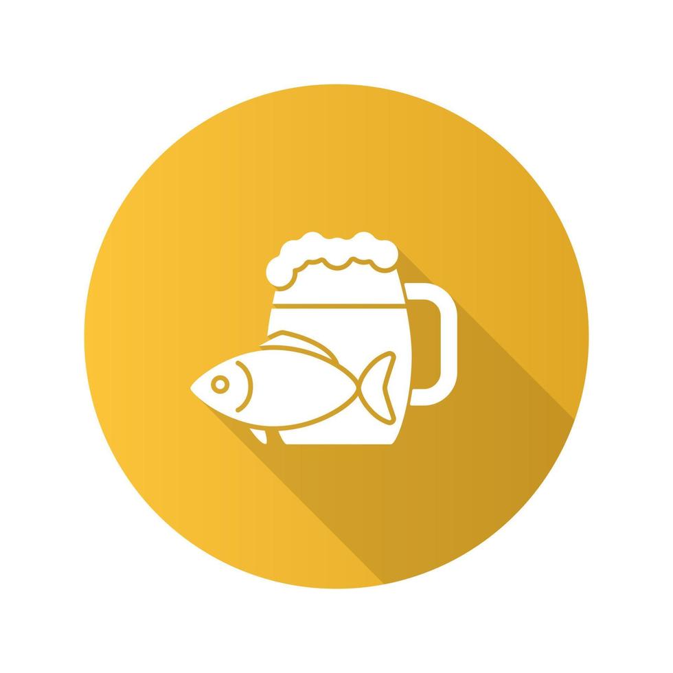 Beer mug with salty fish flat design long shadow glyph icon. Ale. Vector silhouette illustration