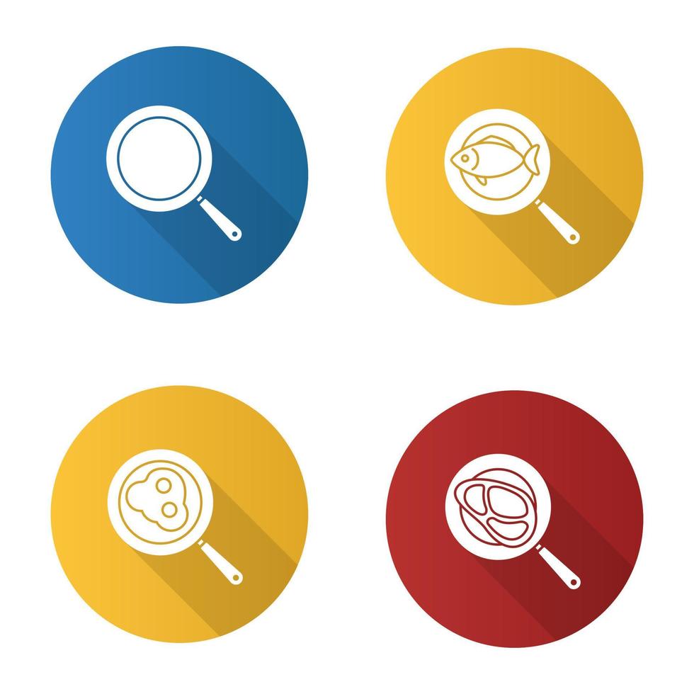 Frying pans flat design long shadow glyph icons set. Fried fish, eggs and meat steak. Vector silhouette illustration