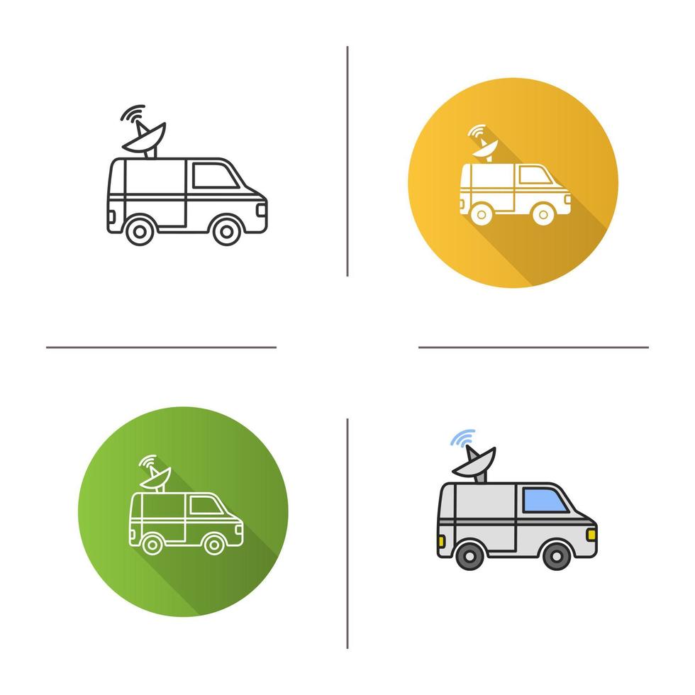 News van icon. Satellite truck. Remote television broadcasting. Flat design, linear and color styles. Isolated vector illustrations