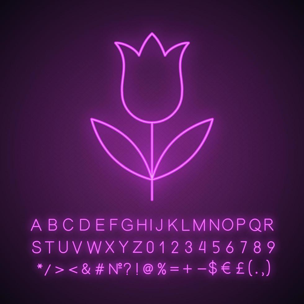 Tulip neon light icon. Glowing sign with alphabet, numbers and symbols. Vector isolated illustration