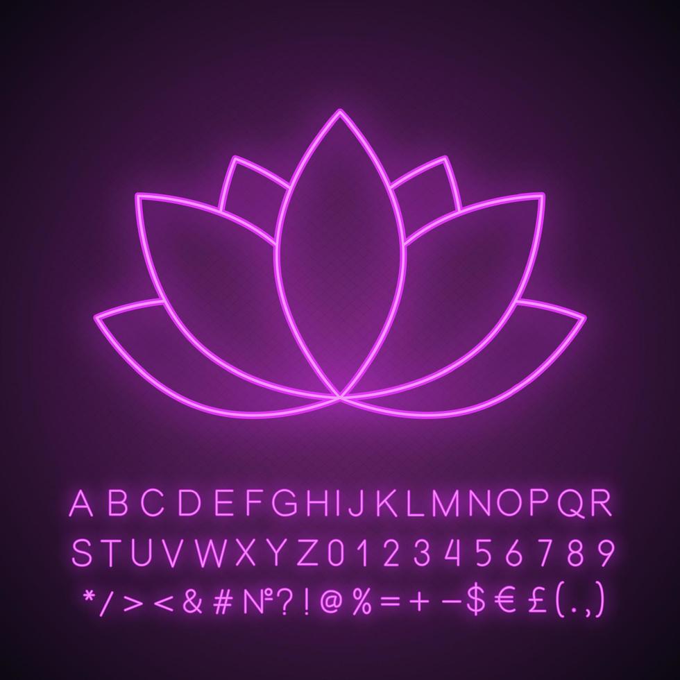 Lotus flower neon light icon. Glowing sign with alphabet, numbers and symbols. Vector isolated illustration