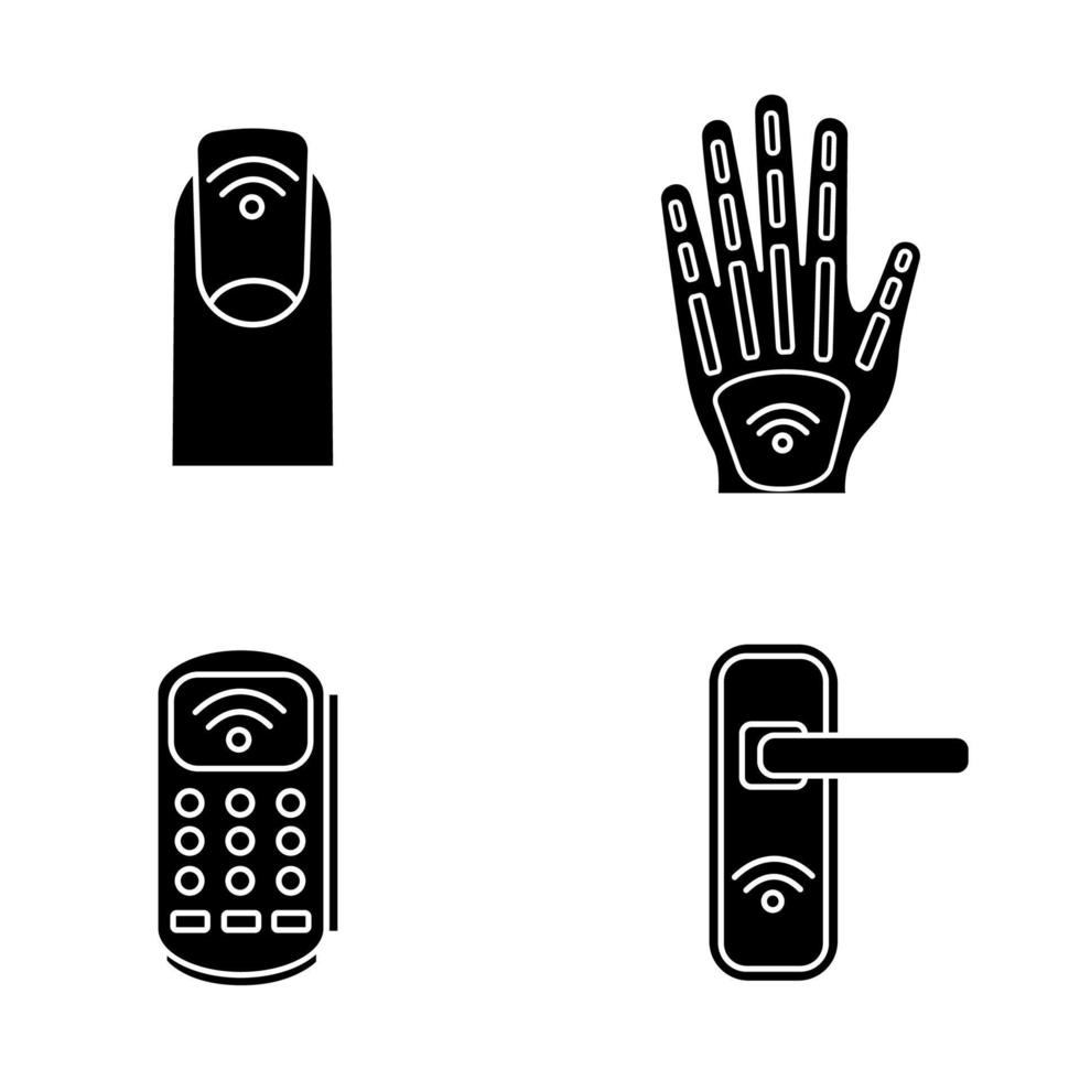 NFC technology glyph icons set. Near field manicure, hand implant, POS terminal, door lock. Silhouette symbols. Vector isolated illustration