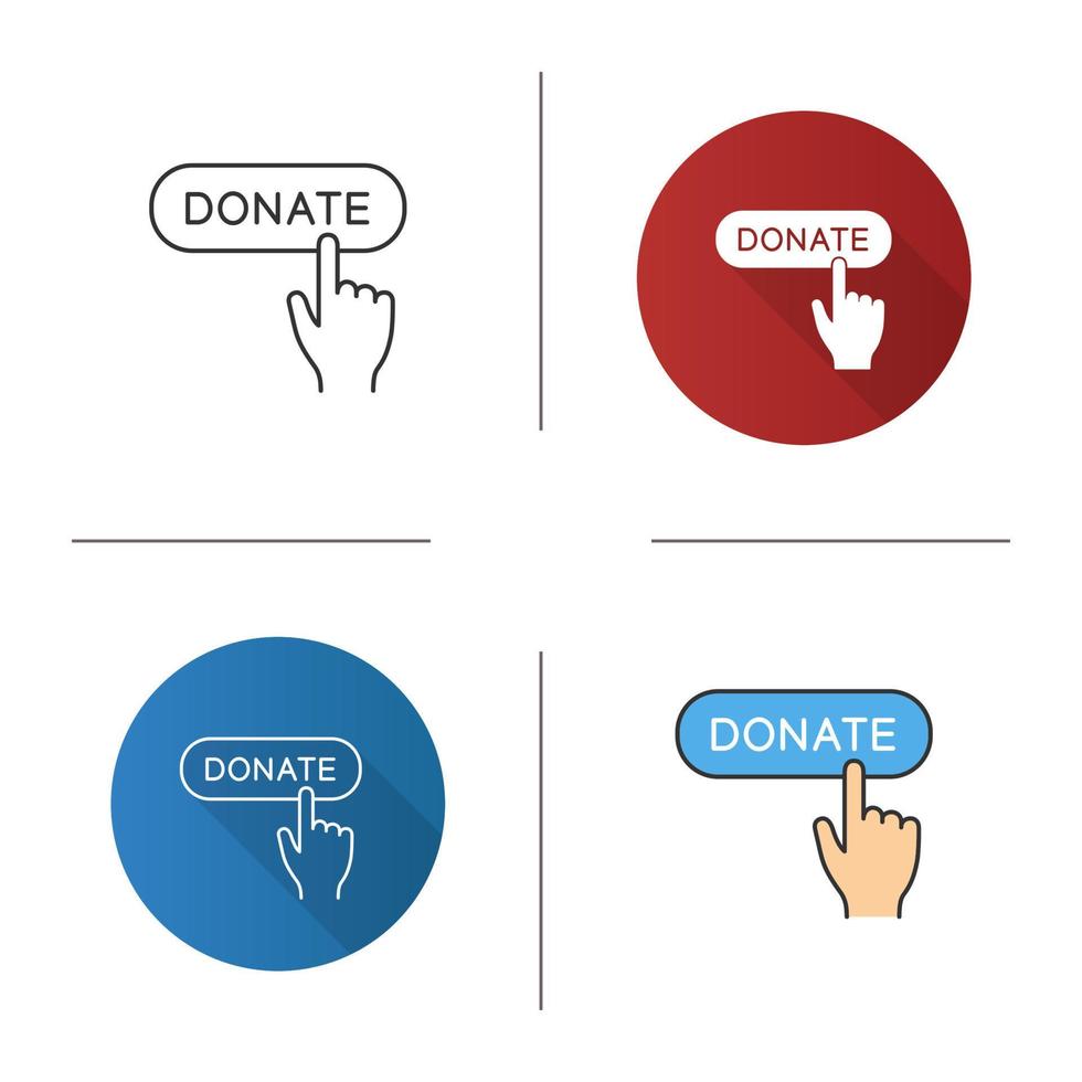 Donate button click icon. Flat design, linear and color styles. Donation making. Isolated vector illustrations
