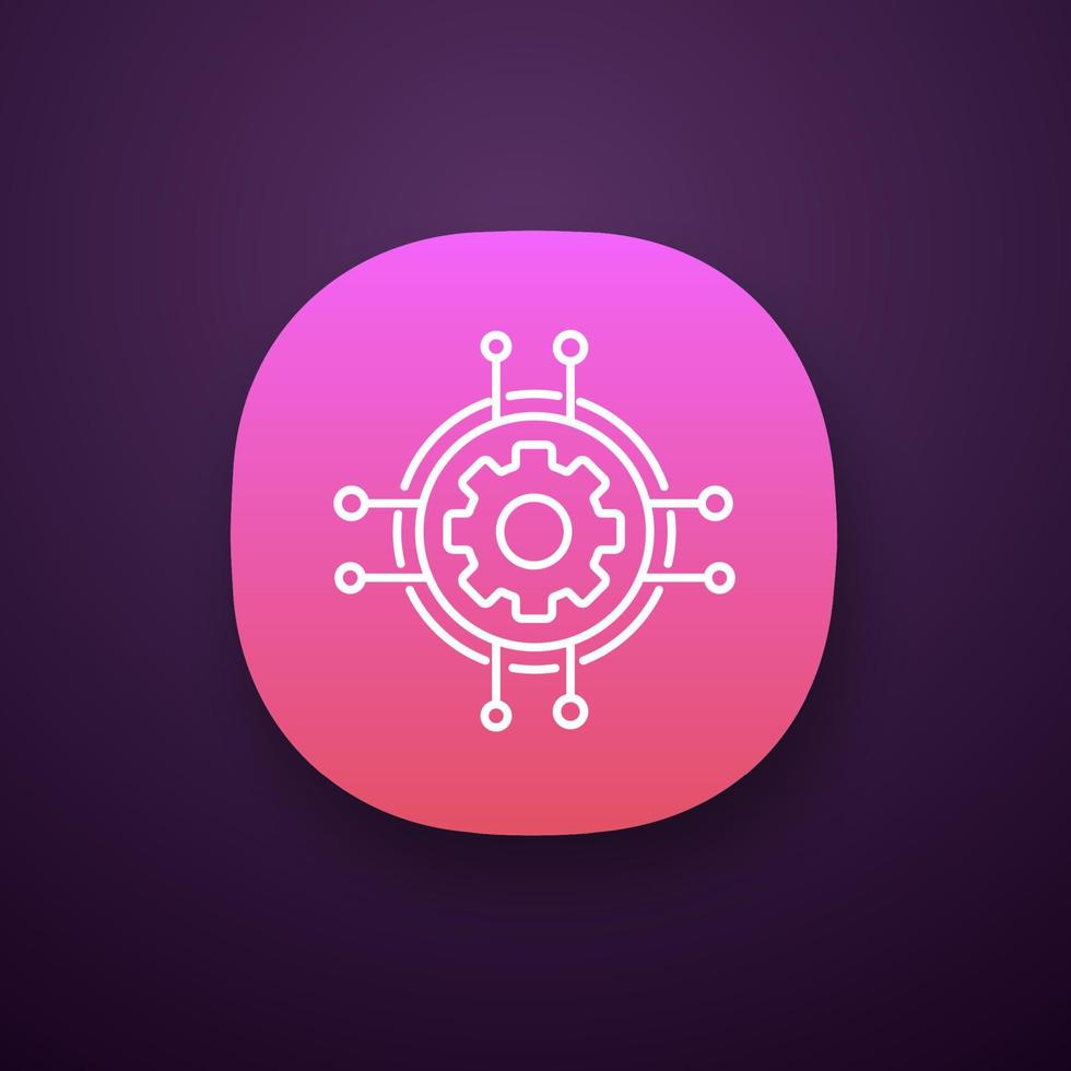 Digital settings app icon. Technological progress and innovation. UI UX user interface. Gear. Machine learning. Cogwheel in chipset pathways. Web or mobile application. Vector isolated illustration