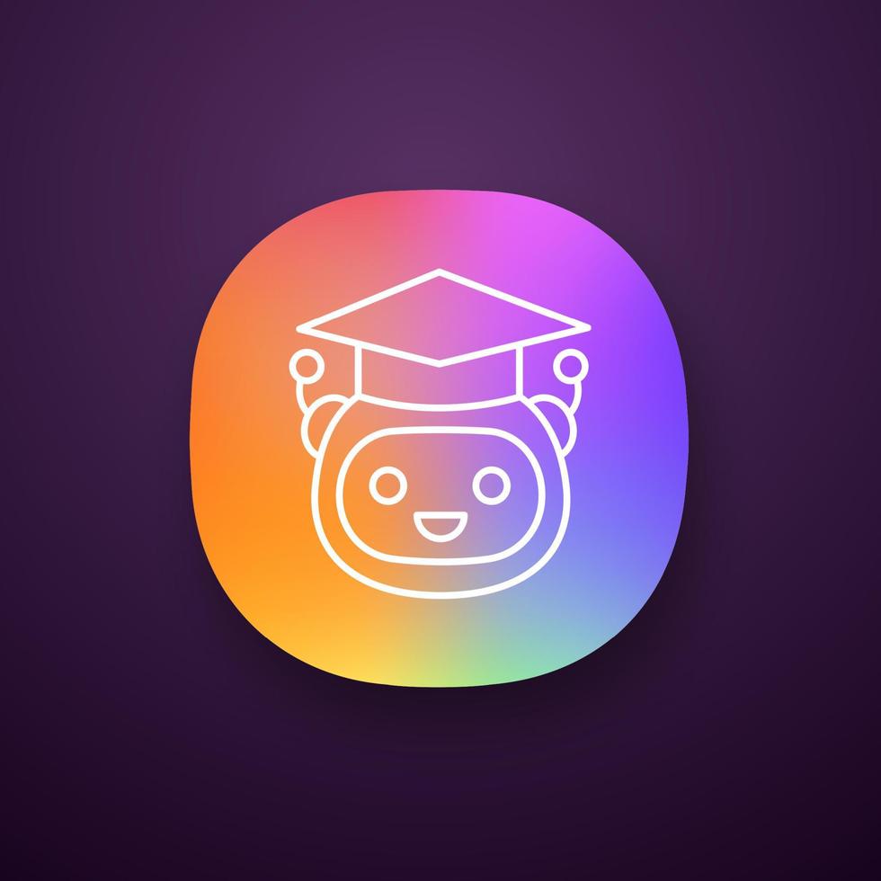 Machine learning app icon. Artificial intelligence. UI UX user interface. Teacher bot. Graduated robot. Chatbot. Bot in graduation hat. Web or mobile application. Vector isolated illustration