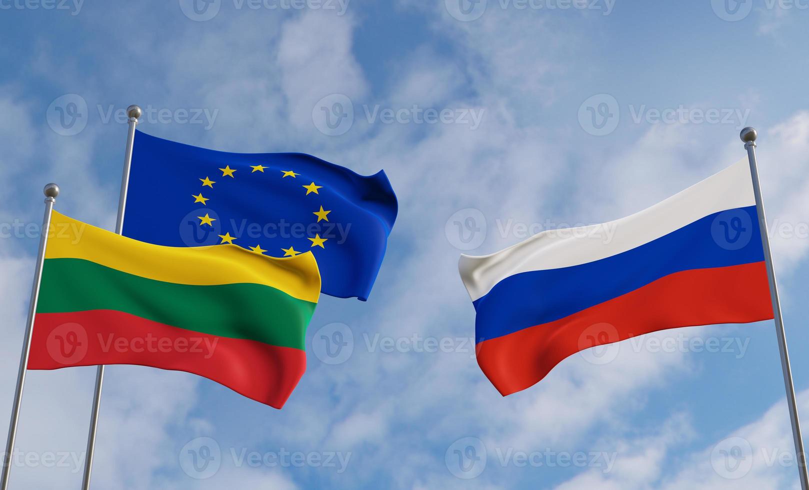 Lithuania European Union and Russia flags. Blue sky flag Lithuania flag European Union flag Russia, 3D work and 3D image photo
