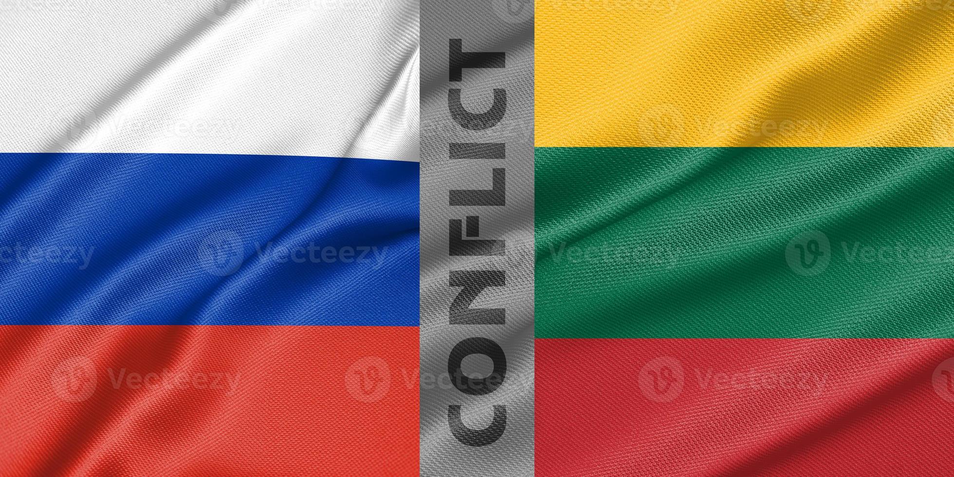 Conflict Russia and Lithuania, war between Russia vs Lithuania, fabric national flag Russia and Flag Lithuania, war crisis concept. 3D work and 3D image photo
