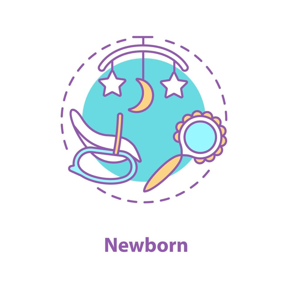 Childcare concept icon. Newborn baby equipment idea. Thin line illustration. Rattle, bed carousel, rocking chair. Vector isolated outline drawing