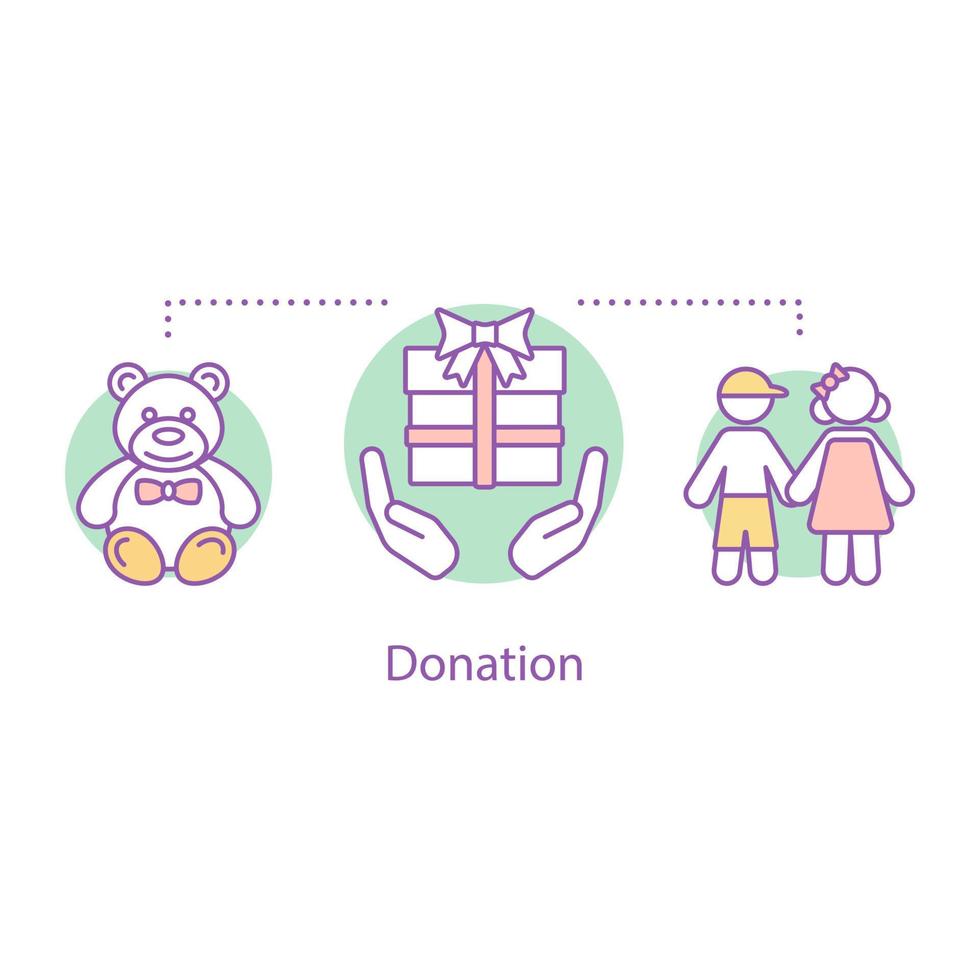 Donation concept icon. Children's charity idea thin line illustration. Donate gift to child. Charitable foundation. Children protection. Vector isolated outline drawing