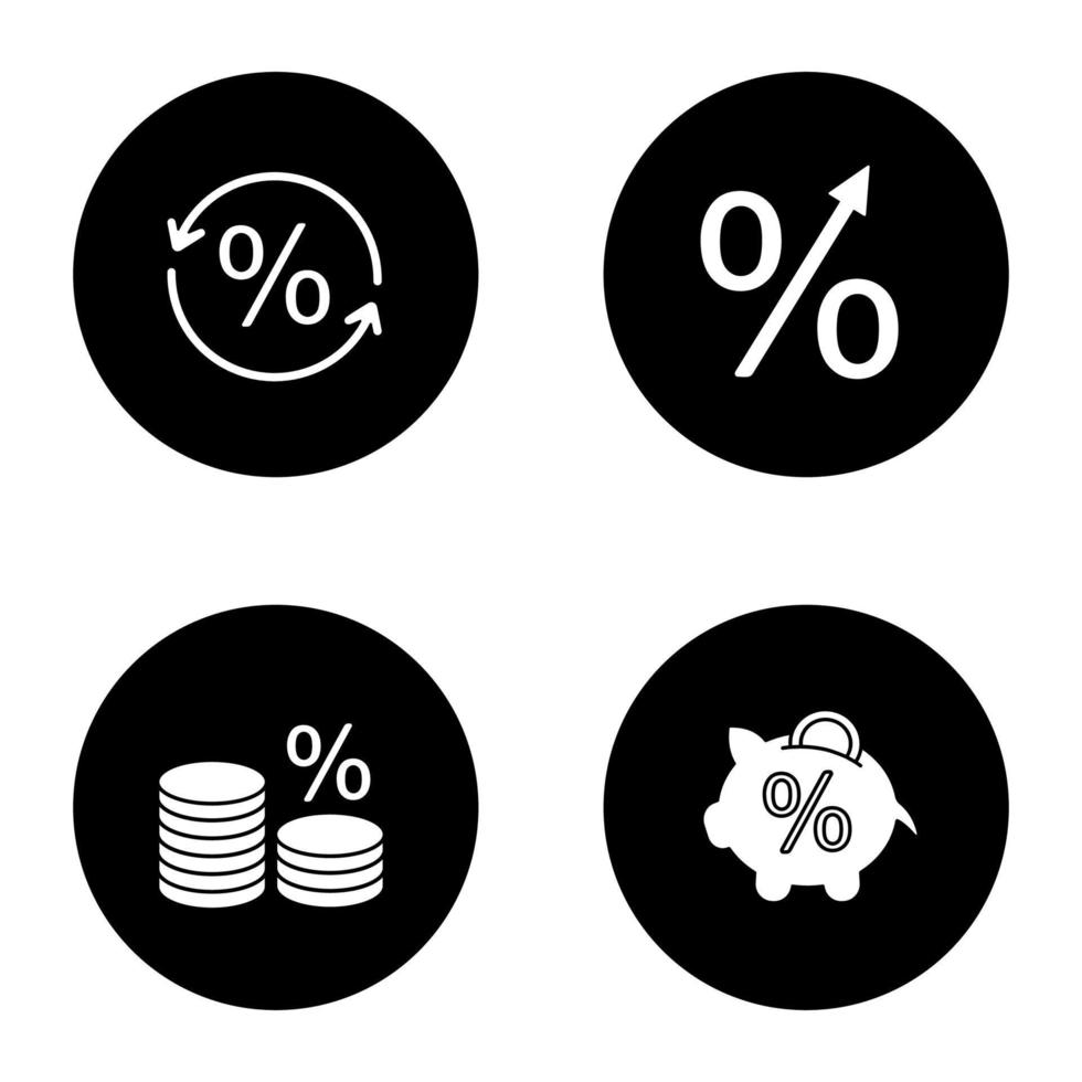 Percents glyph icons set. Percentage rise, piggy bank, coin stack, saving money, percent conversion. Vector white silhouettes illustrations in black circles