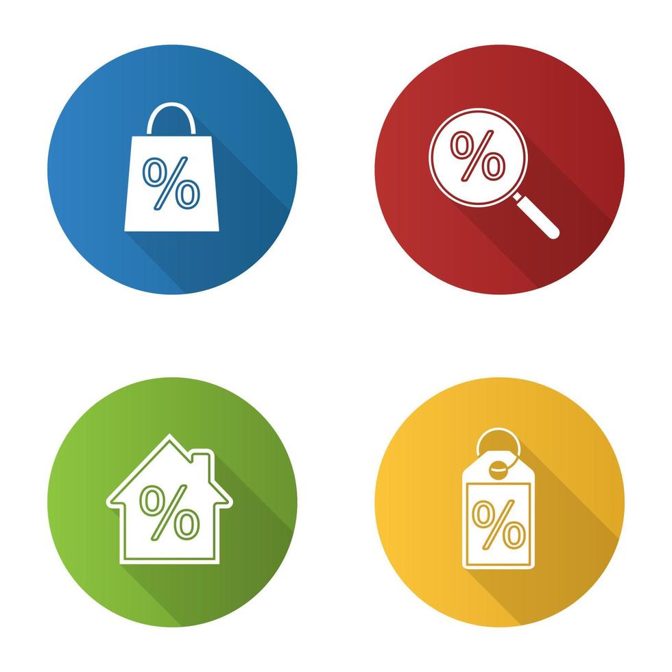conjunto de iconos de glifo de sombra larga de diseño plano de porcentajes. venta, búsqueda de descuentos, hipoteca de casa, etiqueta con porcentaje. ilustración de silueta vectorial vector