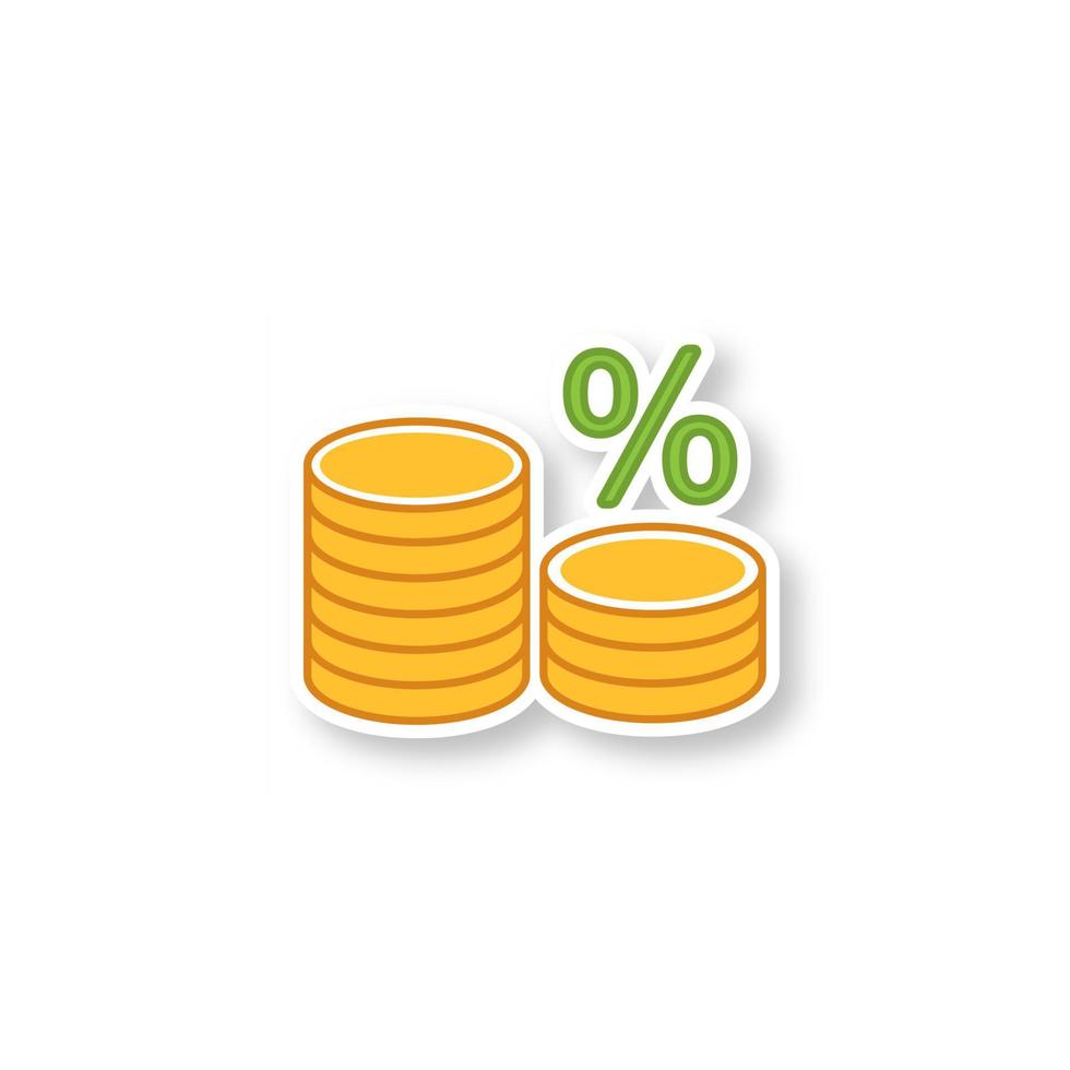 Coin stack with percent patch. Interest rate. Banking. Saving money. Color sticker. Vector isolated illustration