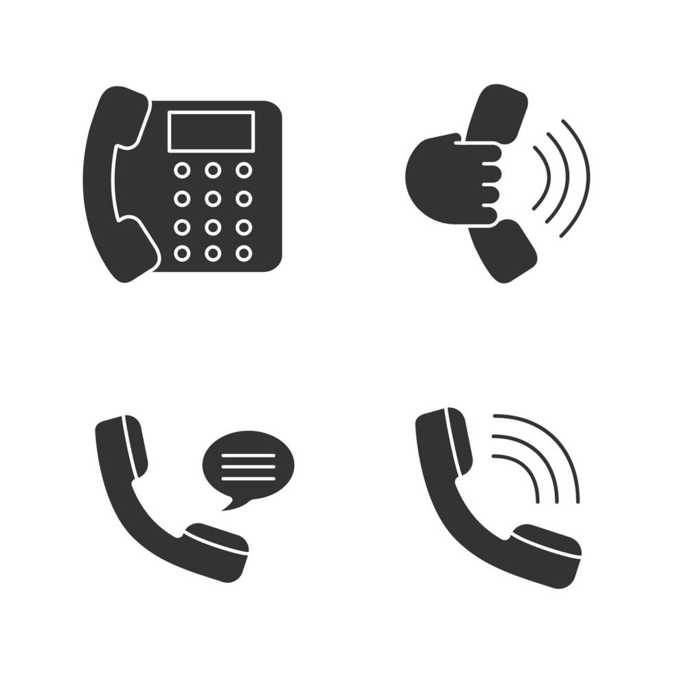 conjunto de iconos de glifo de comunicación telefónica. teléfono fijo, auricular en mano, llamada entrante, mensaje de voz. símbolos de silueta. ilustración vectorial aislada vector