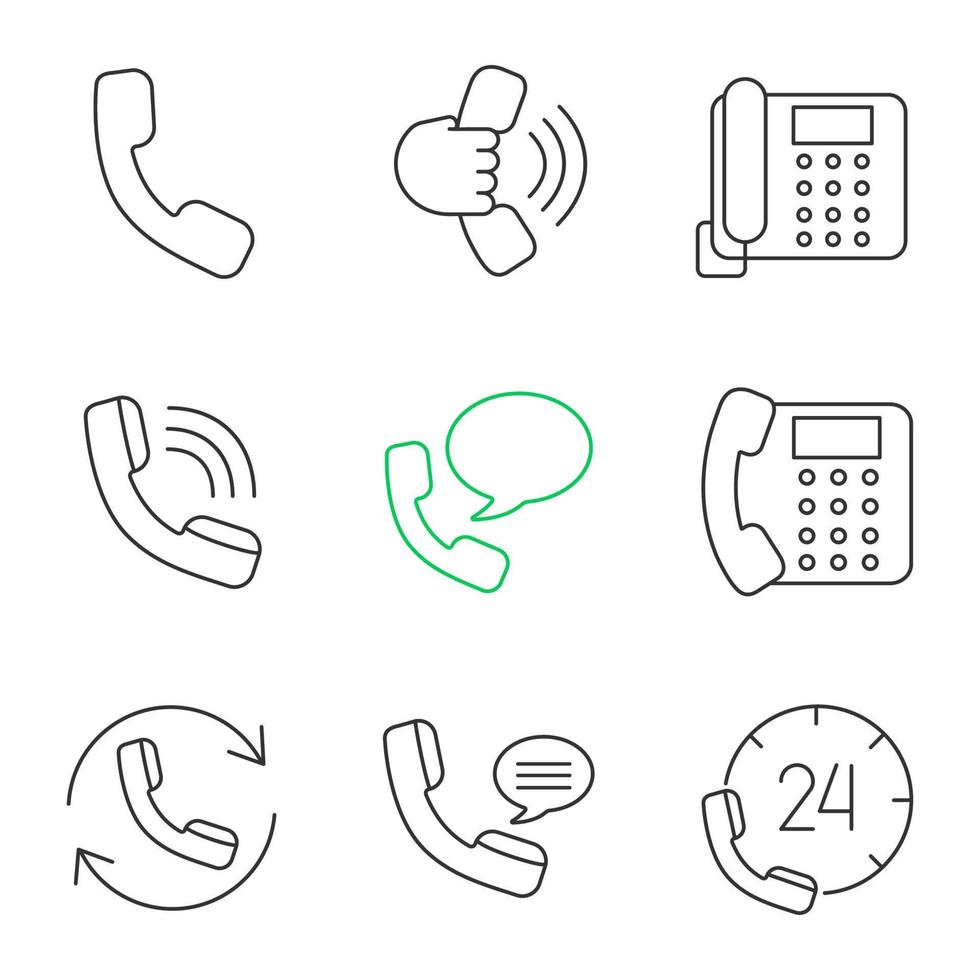 Phone communication linear icons set. Handset, incoming call, landline phone, voice message, call back, hotline. Thin line contour symbols. Isolated vector outline illustrations