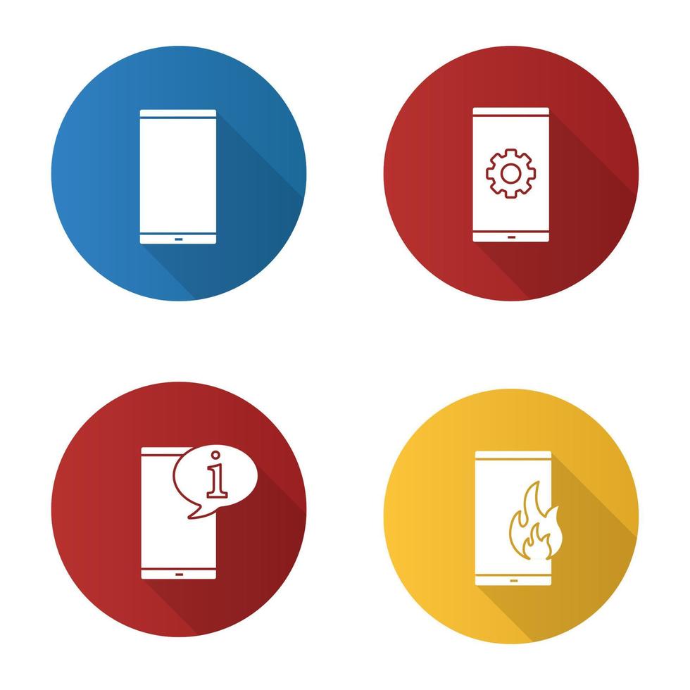 conjunto de iconos de glifo de sombra larga de diseño plano de comunicación telefónica. teléfono inteligente, configuración de teléfono celular, chat de información, llamadas de emergencia contra incendios. ilustración de silueta vectorial vector