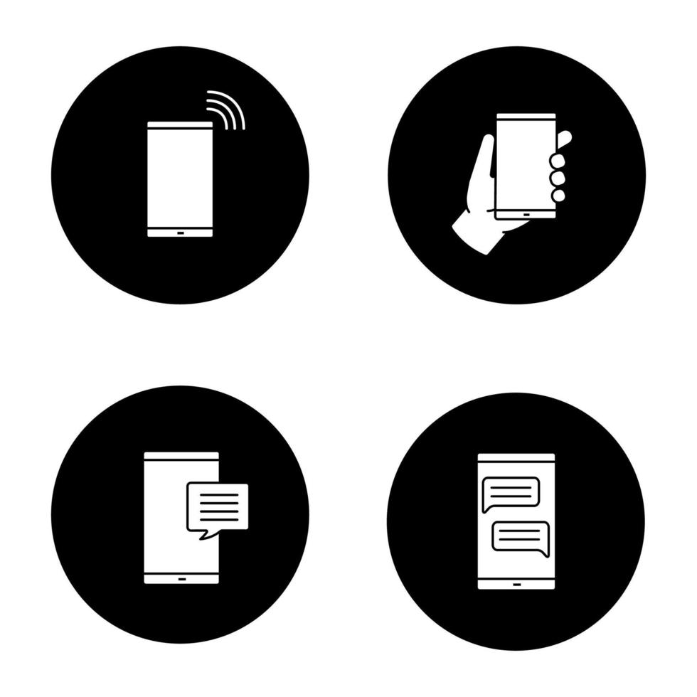 Phone communication glyph icons set. Chatting, sms, smartphone in hand, calling phone. Vector white silhouettes illustrations in black circles