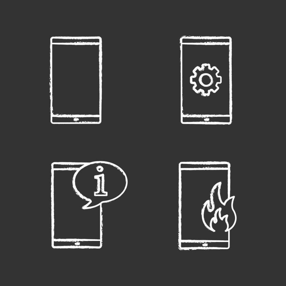 Phone communication chalk icons set. Smartphone, cell phone settings, info chat, fire emergency calling. Isolated vector chalkboard illustrations