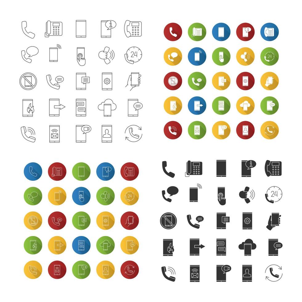 conjunto de iconos de comunicación telefónica. llamadas de teléfonos inteligentes, mensajes, línea directa, computación en la nube móvil. estilos lineales, de diseño plano, de color y de glifo. ilustraciones de vectores aislados