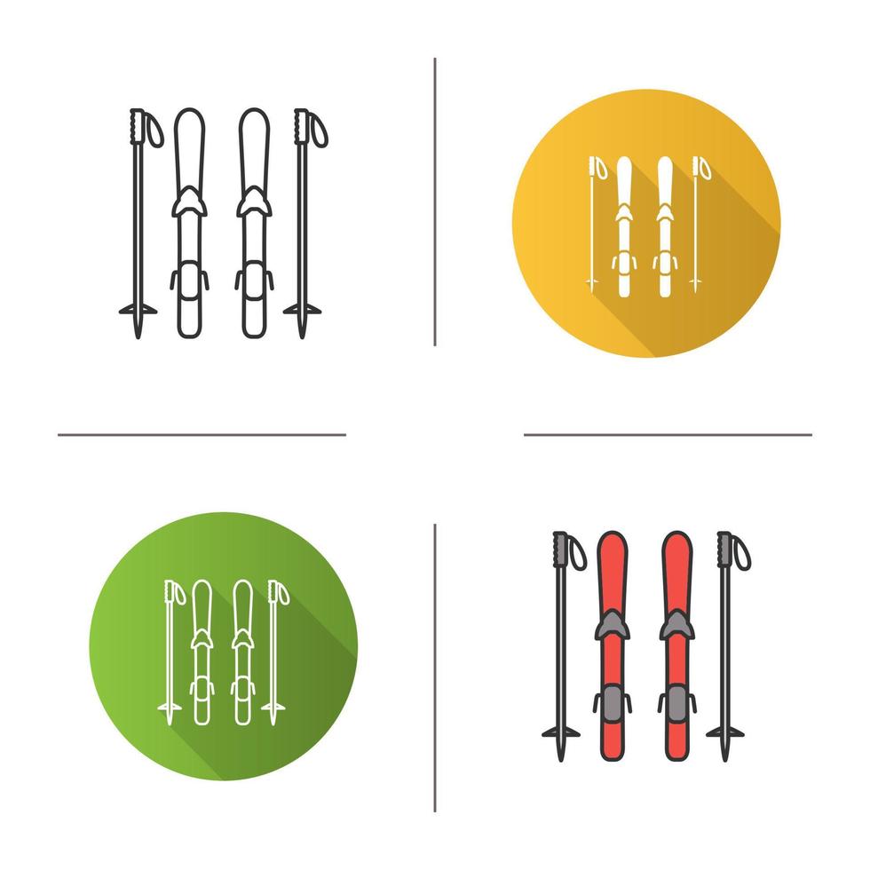 Skiing equipment icon. Ski boards and poles. Flat design, linear and color styles. Isolated vector illustrations