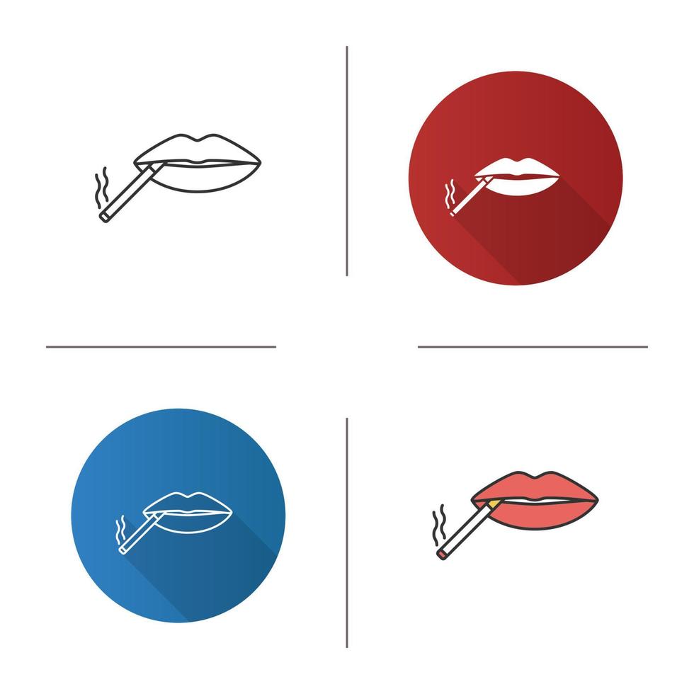 Cigarette in mouth icon. Smoking negative concept. Flat design, linear and color styles. Isolated vector illustrations