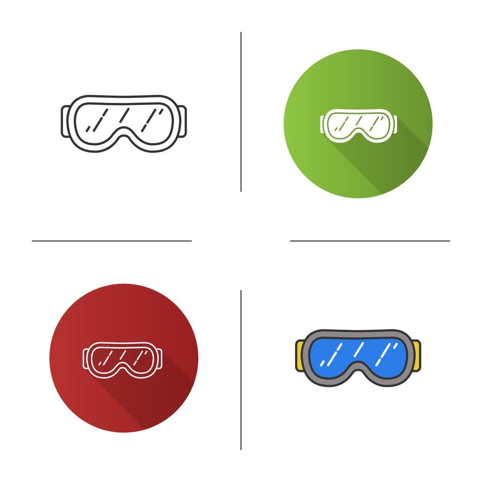 Ski goggles icon. Snow glasses. Safety eyeglasses. Flat design, linear and color styles. Isolated vector illustrations