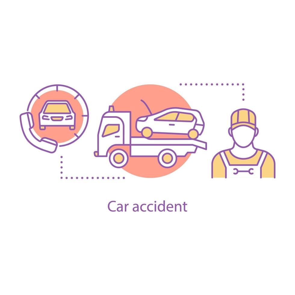 Car accident concept icon. Auto insurance idea thin line illustration. Car crash compilation. Automobile evacuation. Vector isolated outline drawing