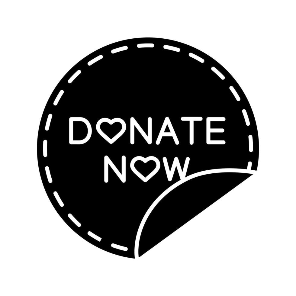 Donate now round sticker glyph icon. Silhouette symbol. Donation making. Charity sticky label. Negative space. Vector isolated illustration