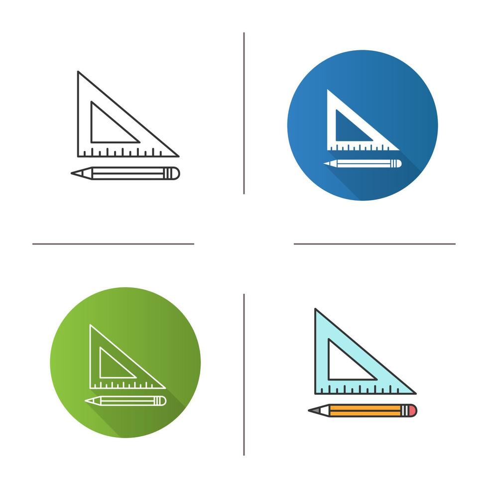 regla triangular con icono de lápiz. redacción. Diseño plano, estilos lineales y de color. ilustraciones de vectores aislados