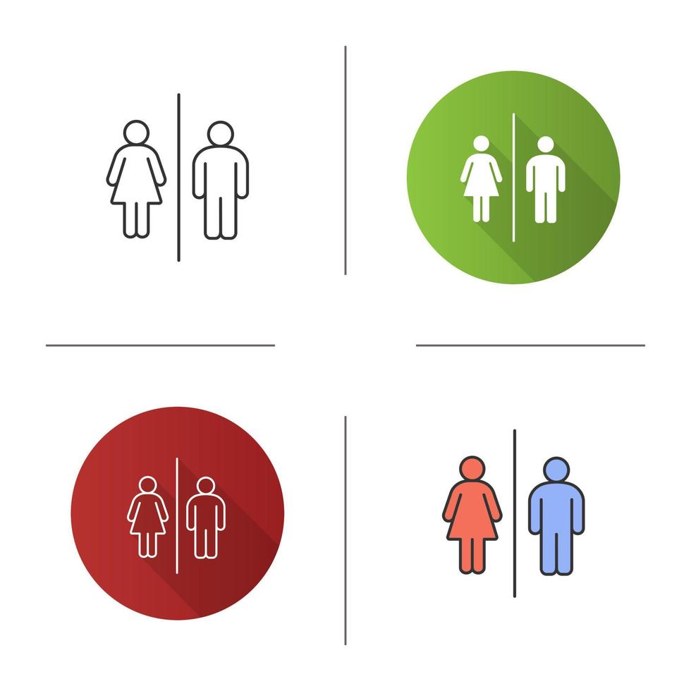 Public toilet information sign icon. Restroom. Male and female WC. Flat design, linear and color styles. Isolated vector illustrations