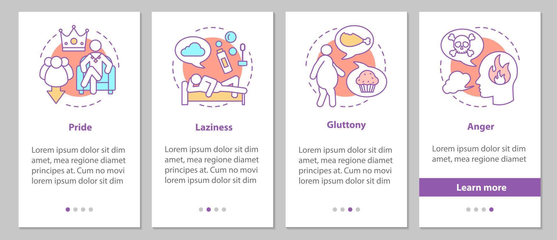 Deadly sins onboarding mobile app page screen with linear concepts. Pride, laziness, gluttony, anger steps graphic instructions. UX, UI, GUI vector template with illustrations
