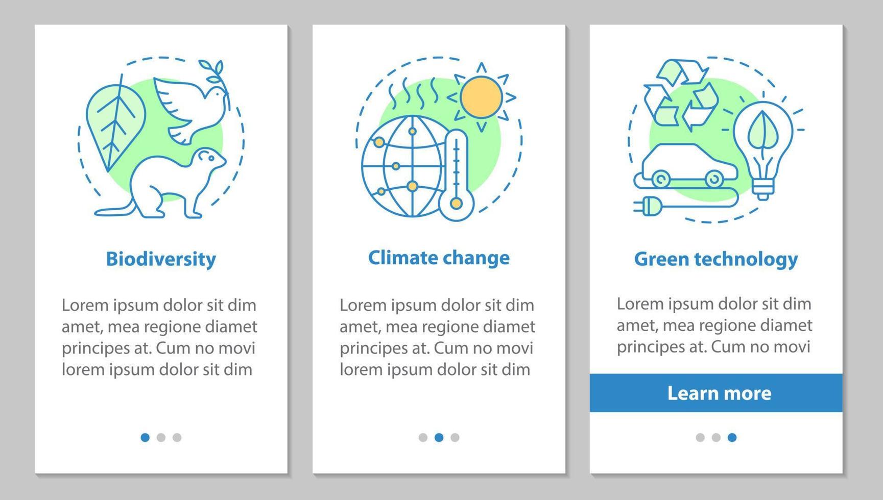 Ecology onboarding mobile app page screen with linear concepts. Climate changing, biodiversity, green technology steps graphic instructions. UX, UI, GUI vector template with illustrations