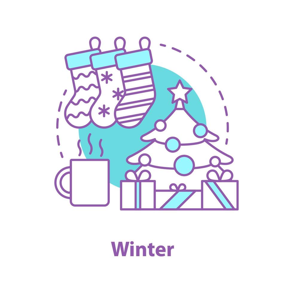 Winter holidays concept icon. New Year and Christmas idea. Thin line illustration. Fir tree, gifts, Christmas socks, hot drink. Vector isolated outline drawing