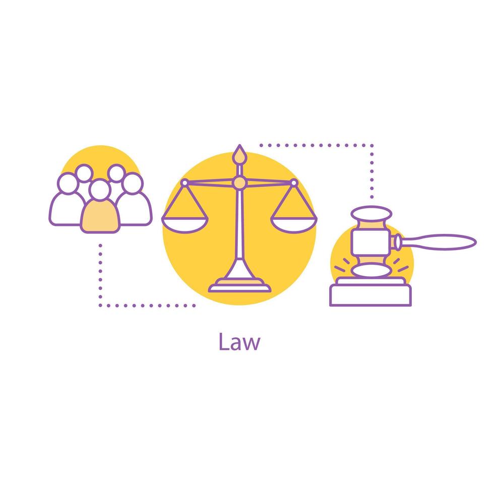 Law concept icon. Jury trial. Justice, jurisdiction idea thin line illustration. Gavel, scales of justice. Vector isolated outline drawing