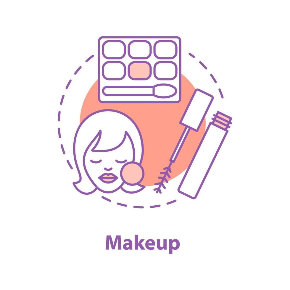 Makeup concept icon. Cosmetics idea thin line illustration. Mascara, eyeshadows and face rouge. Vector isolated outline drawing