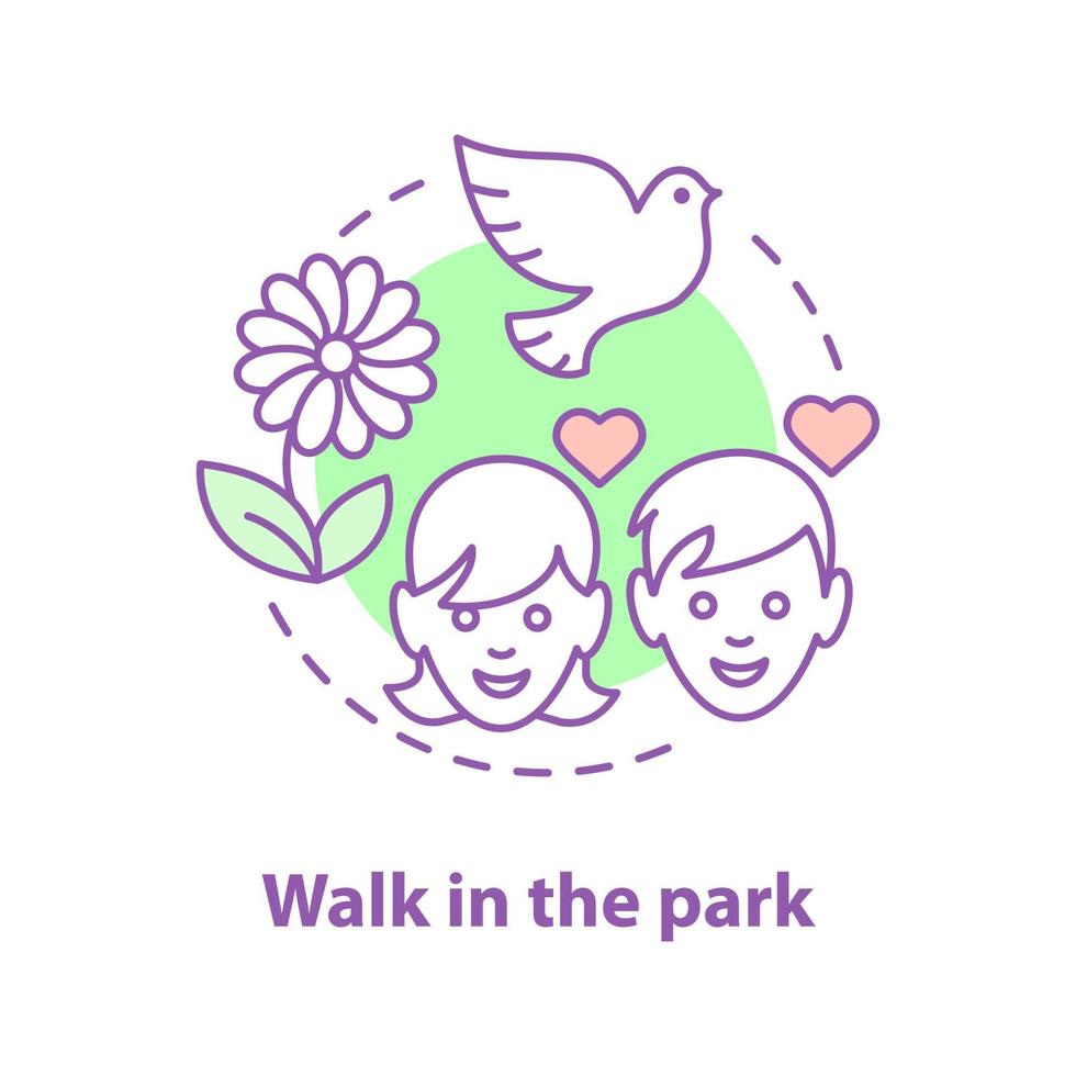 Walking in the park concept icon. First date idea thin line illustration. Romantic walk. Couple in love. Vector isolated outline drawing