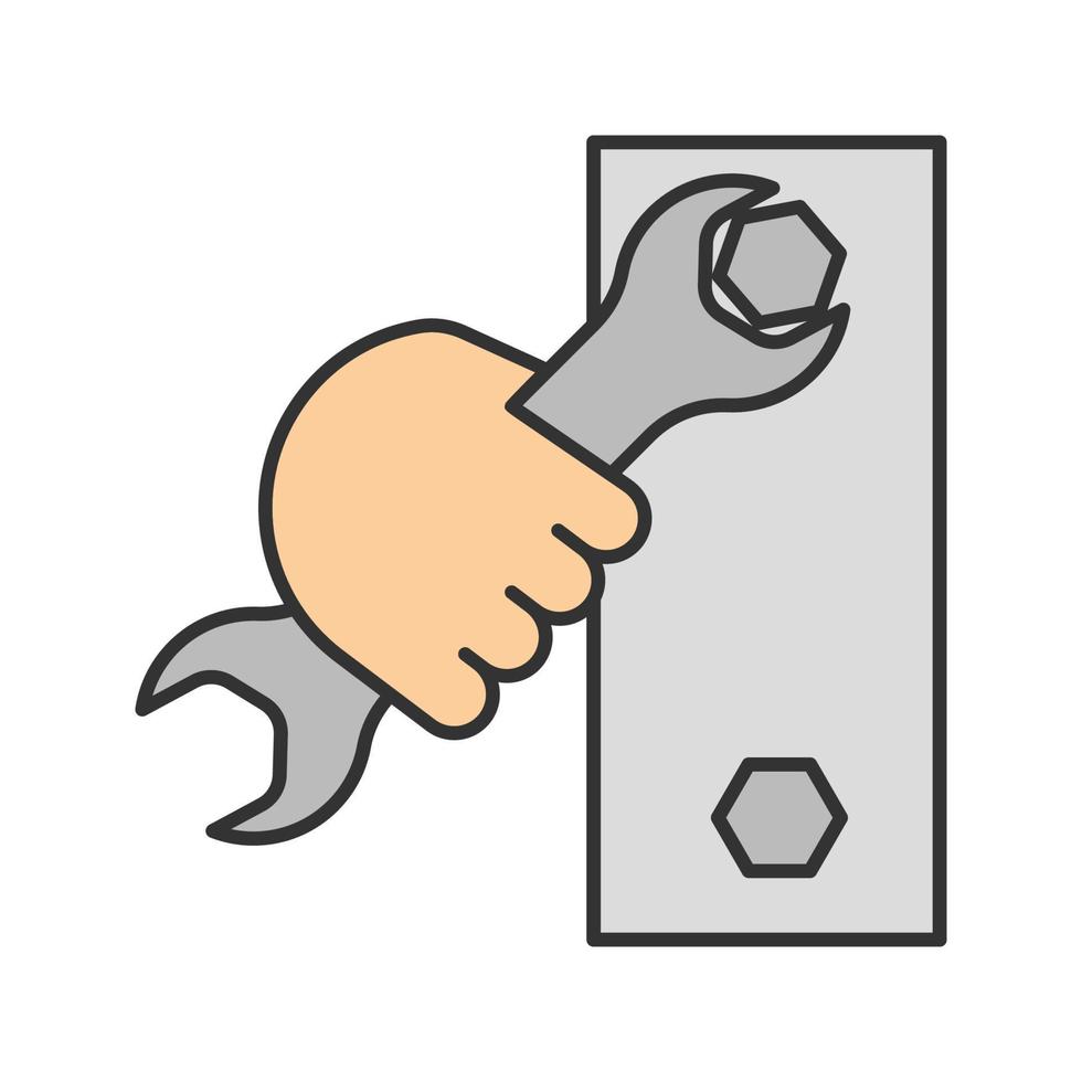 Hand holding wrench color icon. Double open ended spanner turning bolt. Isolated vector illustration