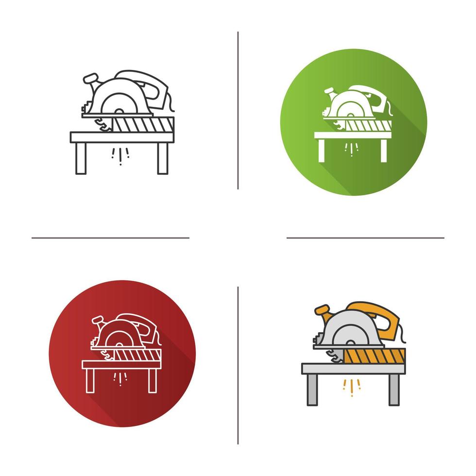 Circular saw cutting wooden plank icon. Disc saw. Flat design, linear and color styles. Isolated vector illustrations