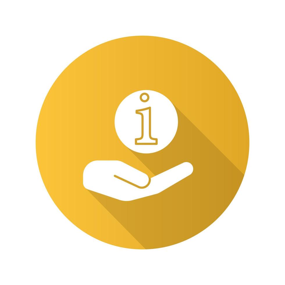 Hand holding info sign flat design long shadow glyph icon. Helpdesk. Information center. Support. Vector silhouette illustration