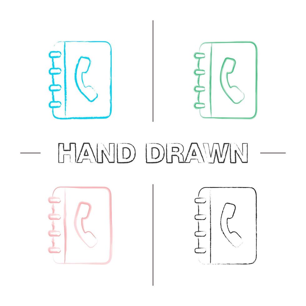 Telephone book hand drawn icons set. Phone contacts. Notepad with handset. Color brush stroke. Isolated vector sketchy illustrations