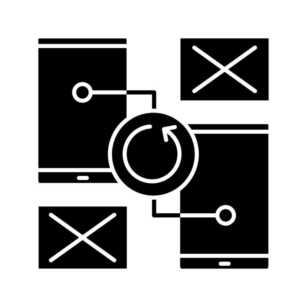 Smartphones synchronization error glyph icon. Silhouette symbol. Data transfer. No signal or connection error. Negative space. Vector isolated illustration