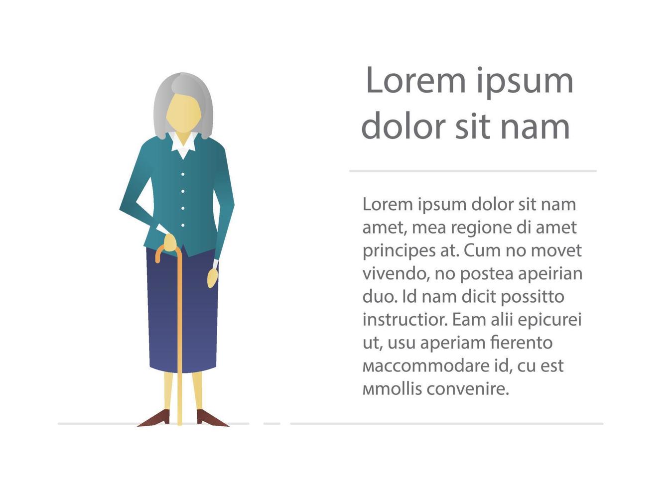 Old woman with walking stick flat character design. Grandmother with cane. Vector isolated illustration